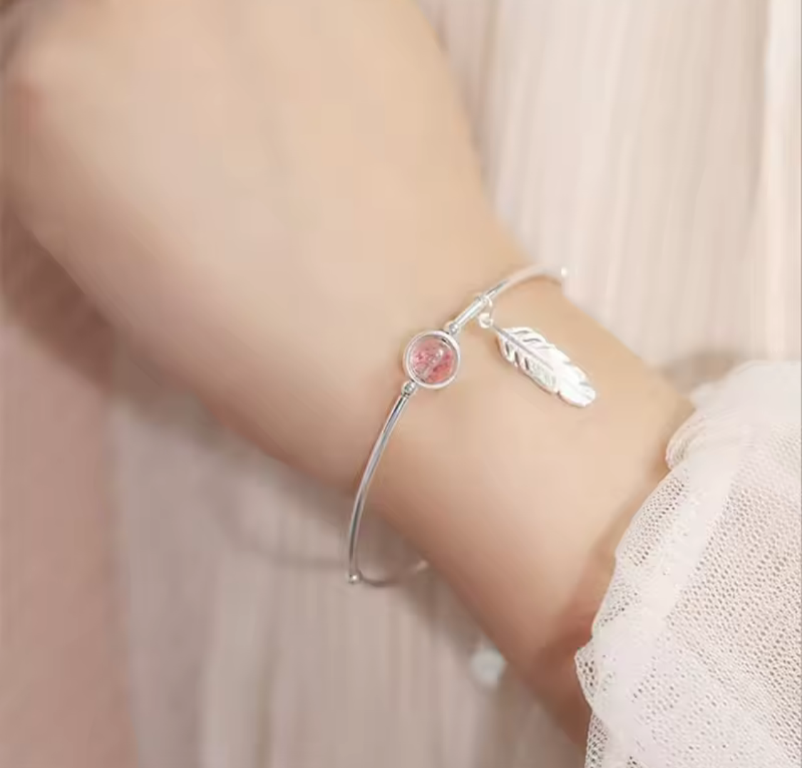 Pink Crystal Feather & Leaf 925 Sterling Silver Bracelet