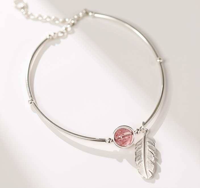 Pink Crystal Feather & Leaf 925 Sterling Silver Bracelet