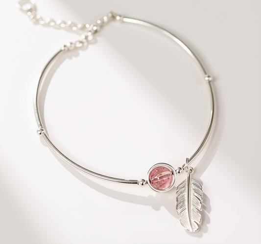 Pink Crystal Feather & Leaf 925 Sterling Silver Bracelet