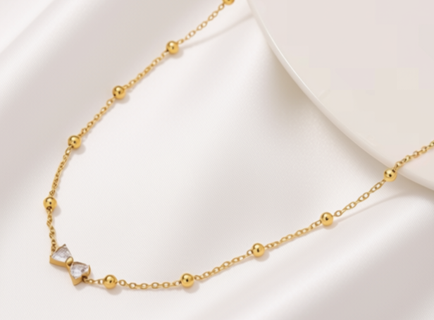 Shiny Zircon Bow Knot Pendant Necklace